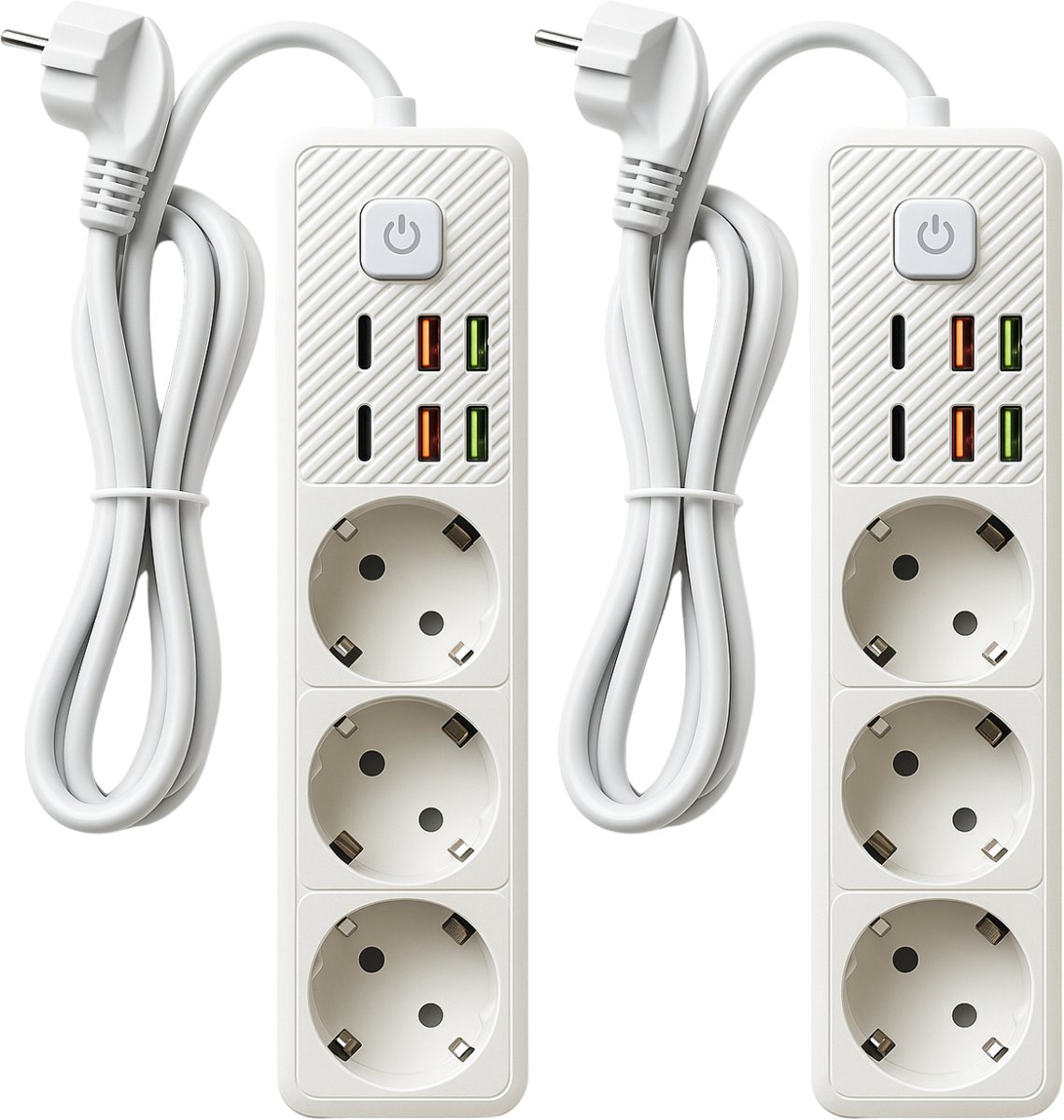 Oneproduct Stekkerdoos met USB-C en USB-A - Verlengsnoer 2 meter -3 stopcontacten - 6 USB-poorten - 2500W - Kindveilig en met schakelaar - 2 stuks - Wit