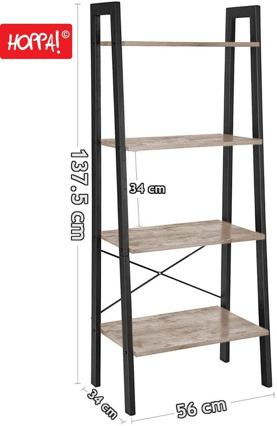 Afmetingen van een greige ladderrek: 56 cm breed, 34 cm diep en 137,5 cm hoog. Het Hoppa! logo is zichtbaar.