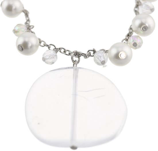 Collier Behave argenté avec perles, perles et pendentif rond transparent