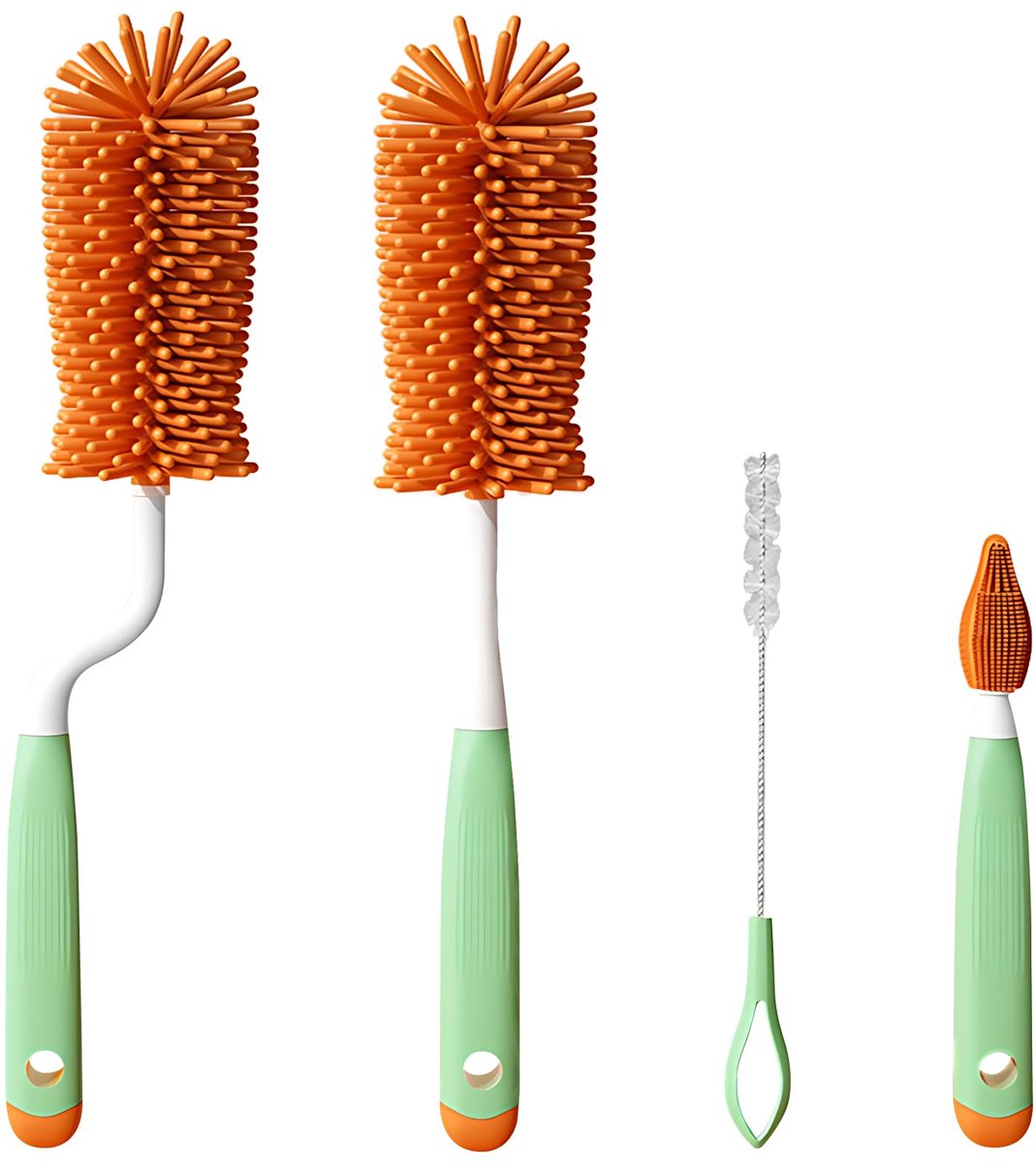 Image of 4-Piece Green Silicone Bottle Brush Set - Bottle Cleaner and Spout Cleaning Brushes, Baby Bottle Cleaner for Mom Bottles, Water Bottles, Glass Cups and Thermos Bottles - Ideal for Newborns