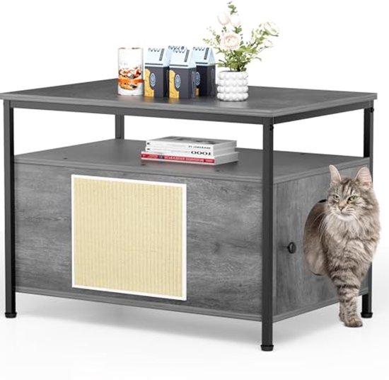 Houten kattenbak, meubelkast met laadstation en zijingang, kattenkast