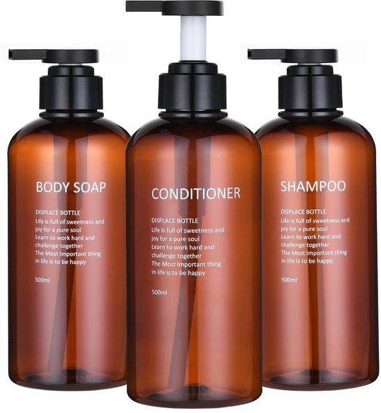 Distributeur de savon - Set de 3 flacons pompe, 500 ml - Distributeur de savon - Flacons de voyage vides - Pompe à savon - Vide avec pompe - Rechargeable - Flacons pompe vides - Flacon shampoing rechargeable - Distributeur pompe - Marron foncé
