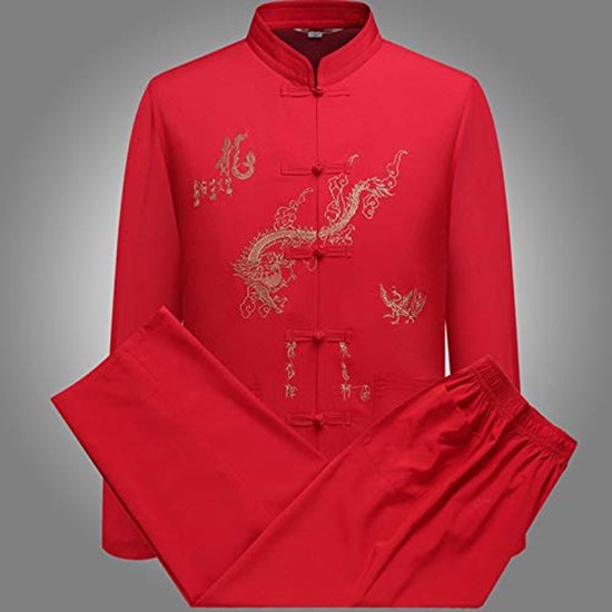 Costume Tang rouge pour hommes avec broderie de dragon et d'oiseau dorés, boutons sur le devant et manches longues.