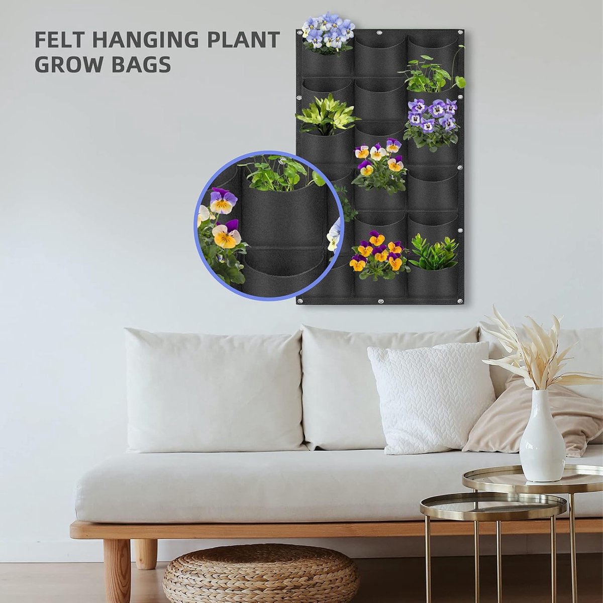 Verticale Tuin - 18 Vakken - plantentoren - verticale moestuin - verticale tuinen - Kweekzak - Kweekbak van Vilt - Plantenbak - Plantenzakken - Hangende Plantenzak - Verticaal Tuinieren - Duurzaam vilt - Waterdicht achterkant - 100x50CM - zwart – foto 7