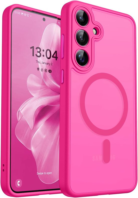Coque de téléphone rose avec anneau magnétique à côté d'un téléphone à écran rose.