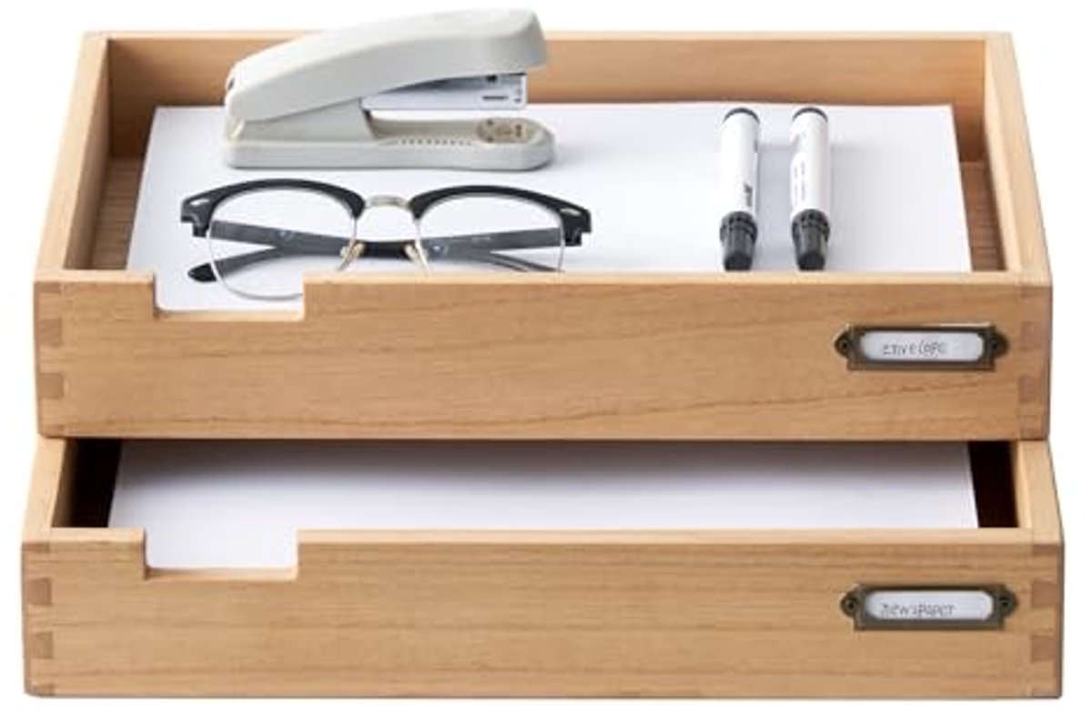 Houten stapelbare bureau-organizer met metalen etikethouder - set van 2