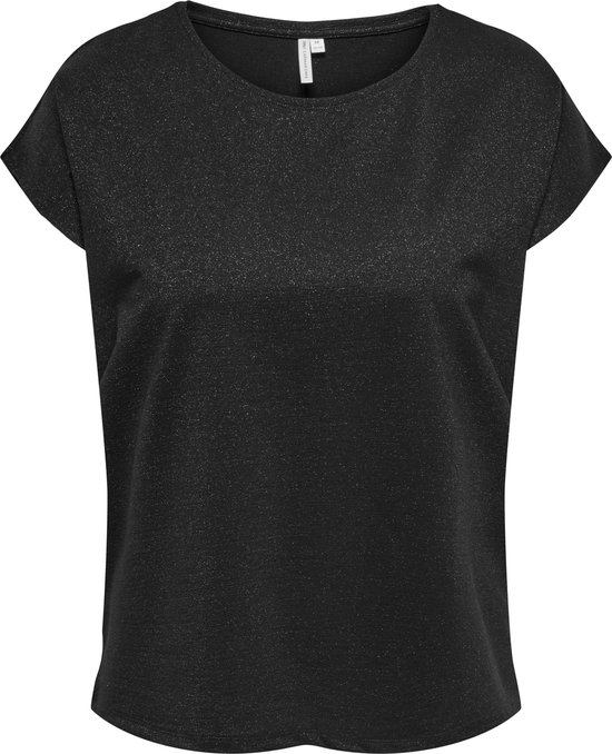 Zwarte t-shirt met all-over glitterprint en korte mouwen.