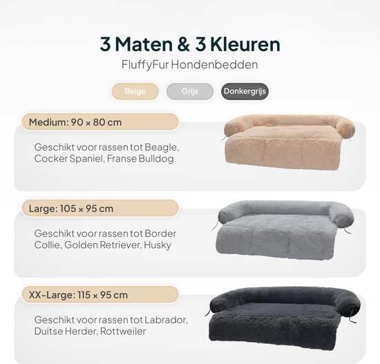 Drie maten en drie kleuren grijze, beige en donkergrijze hondenkussens van FluffyFur.