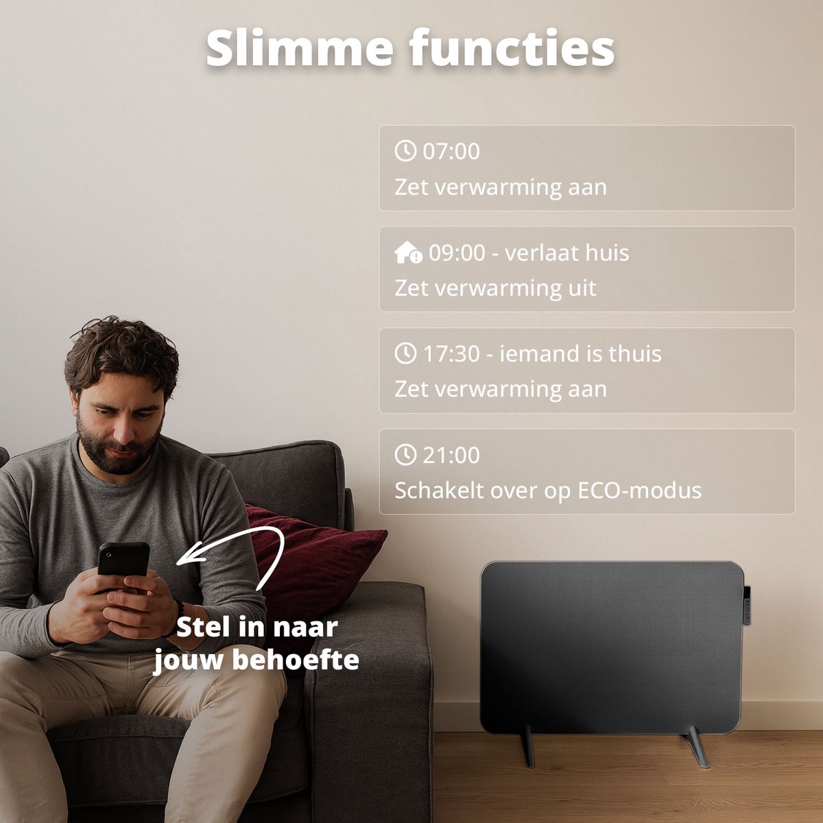 FlinQ Slimme Infrarood Verwarming - Elektrische Verwarmingspaneel - Moderne Kachel - Geschikt voor Badkamer - Staand & Verplaatsbaar - Met Thermostaat - Zwart Paneel - 600W – foto 8