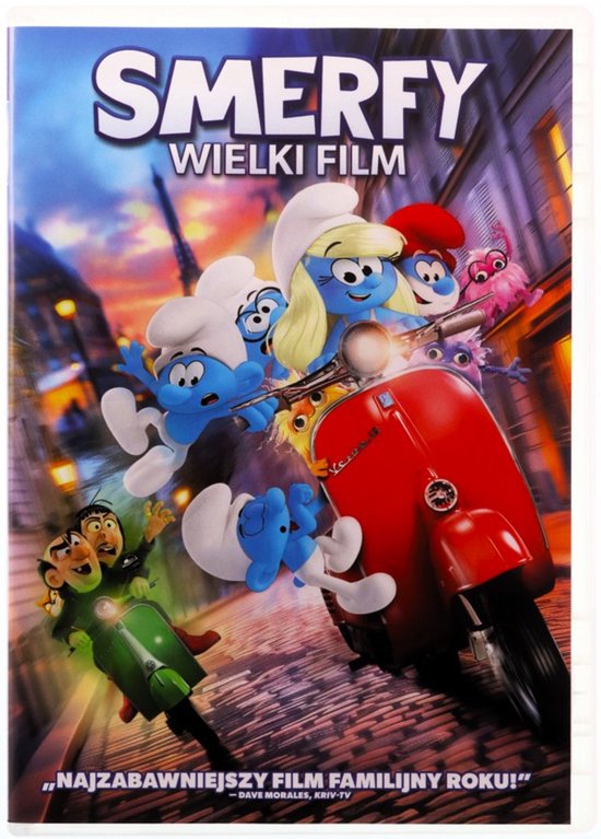 DVD hoes van Smurfen: De Film. De Smurfen rijden op een rode Vespa door Parijs, met Gargamel en Azrael op een groene scooter.