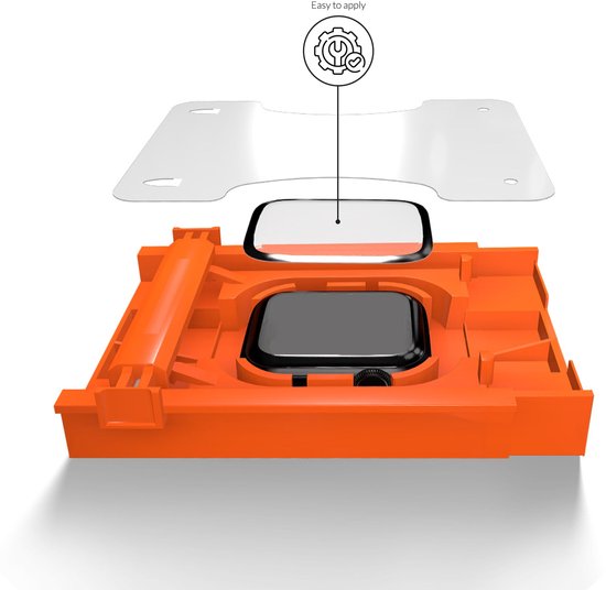 Oranje installatiehulpstuk voor smartwatch, met een screenprotector bovenop, voor eenvoudige installatie.