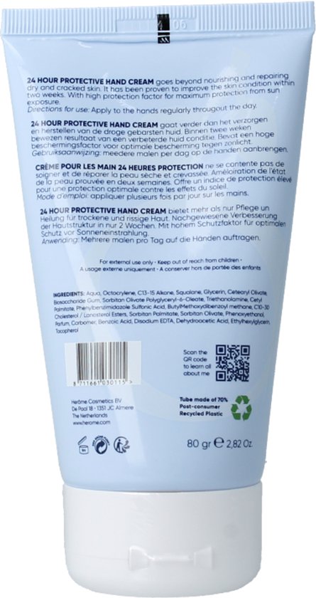 Achterkant tube Herome 24 Hour Protective Hand Cream met ingrediënten en informatie over de formule.