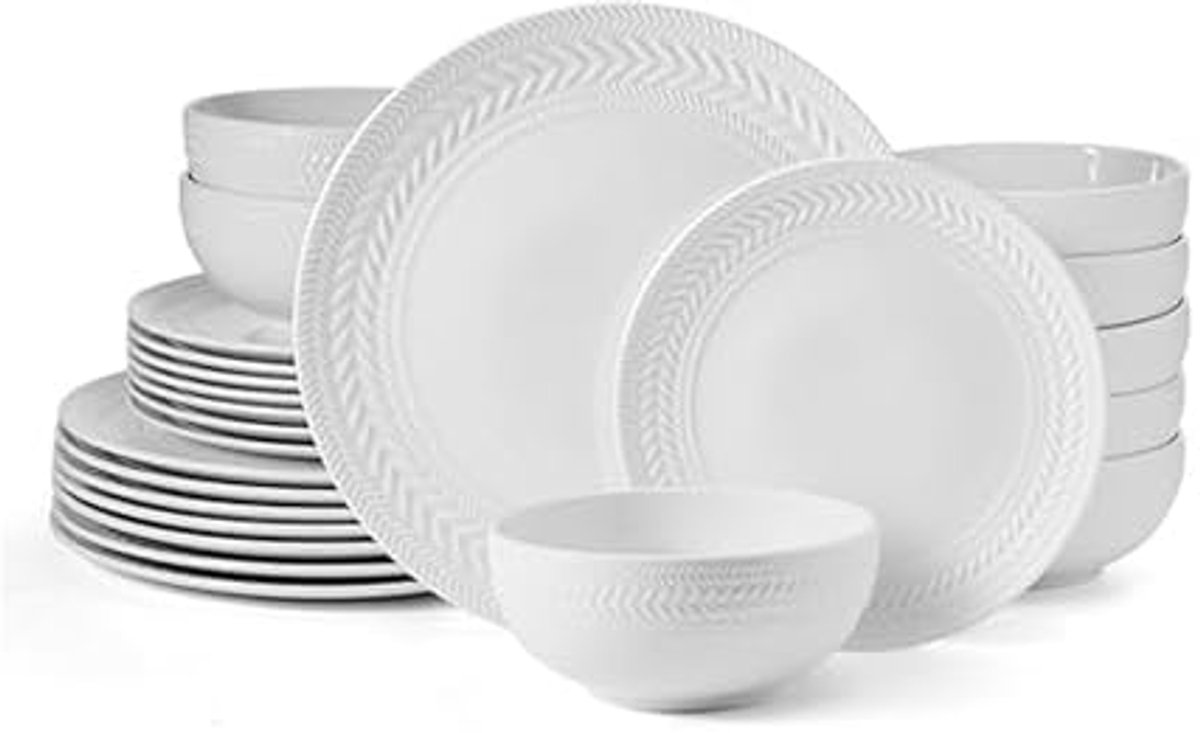 24-delige servies set voor 8 personen - Wit porselein met mandweef-design
