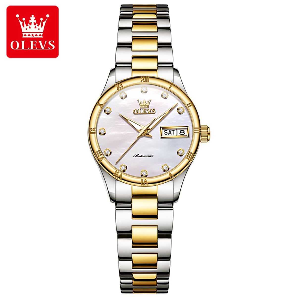 HO-7030L.gz : OLEVS mechanisch zilver-goudkl edelstaal dames horloge, parelmoerige wijzerplaat, kalenderdag, dagnaam, diamantzirkonia