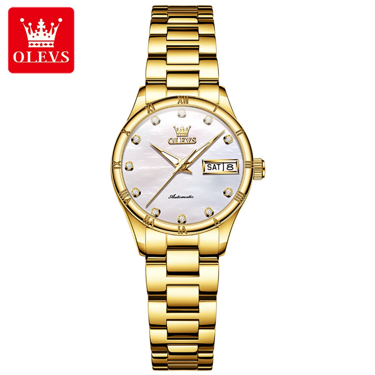 HO-7030L.g : OLEVS mechanisch goudkl edelstaal dames horloge, parelmoerige wijzerplaat, kalenderdag, dagnaam, diamantzirkonia