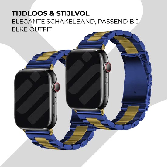 Een Apple Watch met een blauw en goudkleurig metalen bandje.