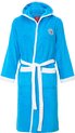 Ajax badjas in felblauw, met witte biezen, een ceintuur en capuchon. Het Ajax-logo staat op de linkerborst.