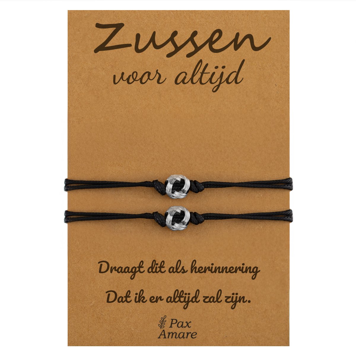 Vriendschapsarmbandjes voor 2 "Zussen voor altijd" - Knoopjes - Sisters Armbandjes met Cadeau Kaartje - Zilverkleurig - Elastisch Verstelbaar - Pax Amare
