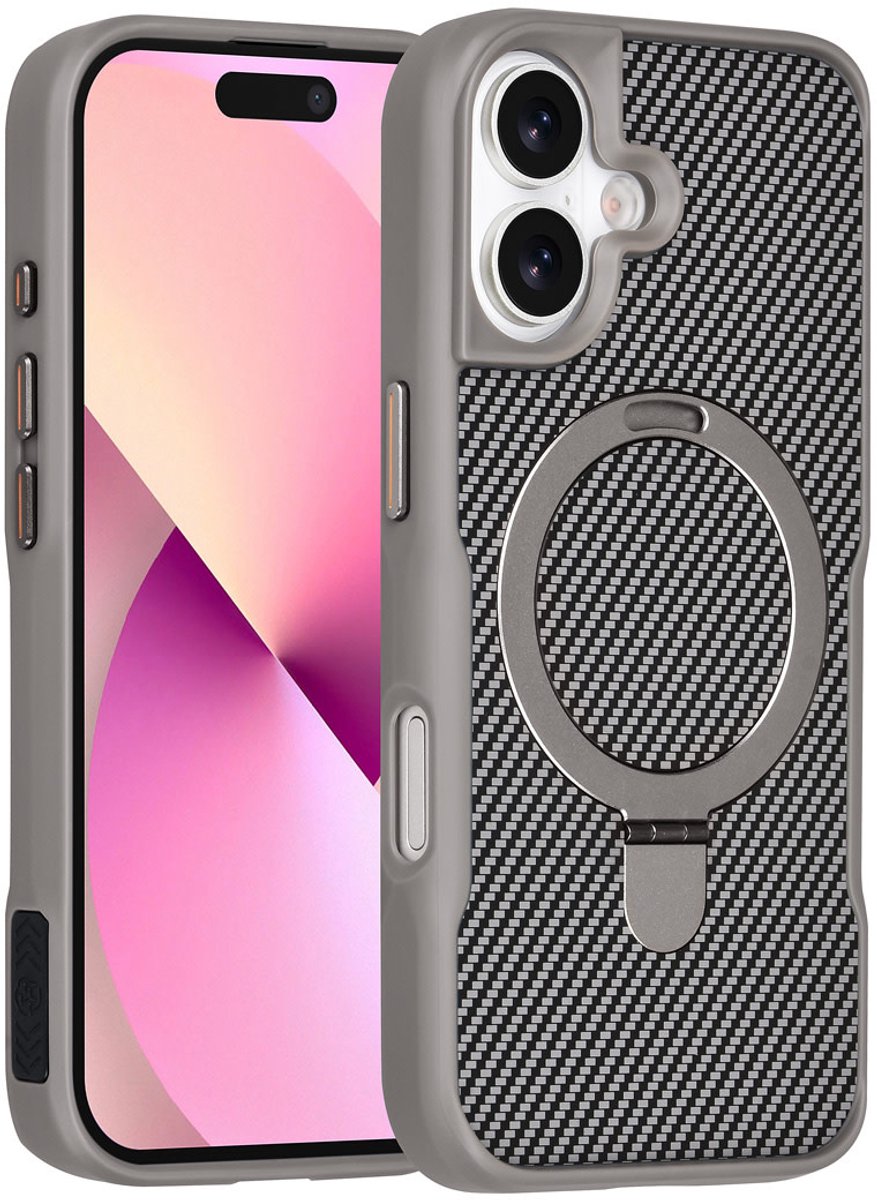 TUNIQ Back cover voor iPhone 17 - MagSafe met Ring Stand - Carbonfiber - Zilver