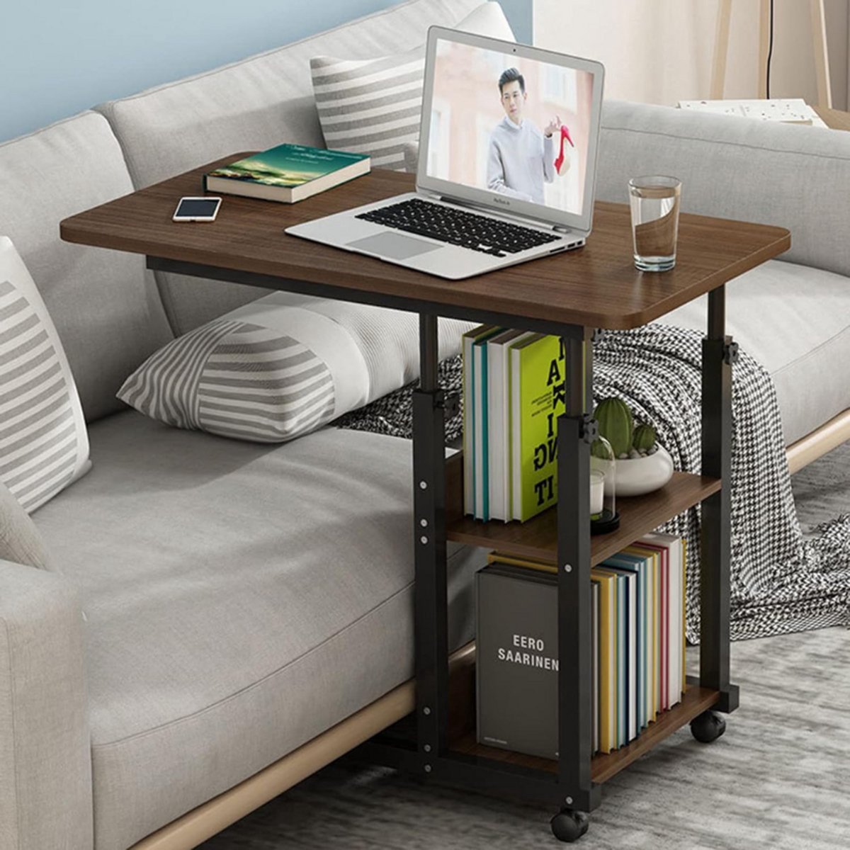 Thuys Bedtafel – Overbed Tafel – Sofa Bureau – Verstelbare Hoogte – Bureautafel Met Twee Opbergplanken Bruin