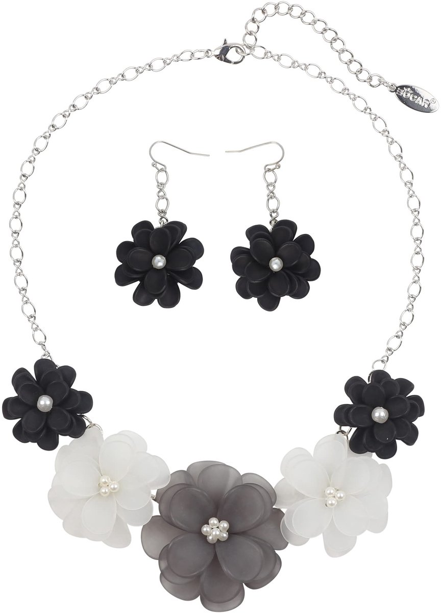 Acrylic Pendant Collar Flower Statement Choker Necklace and Earrings Set for Women (NK-10244-Gray-Set), Acrylic, No Gemstone, Acrylic, No Gemstone