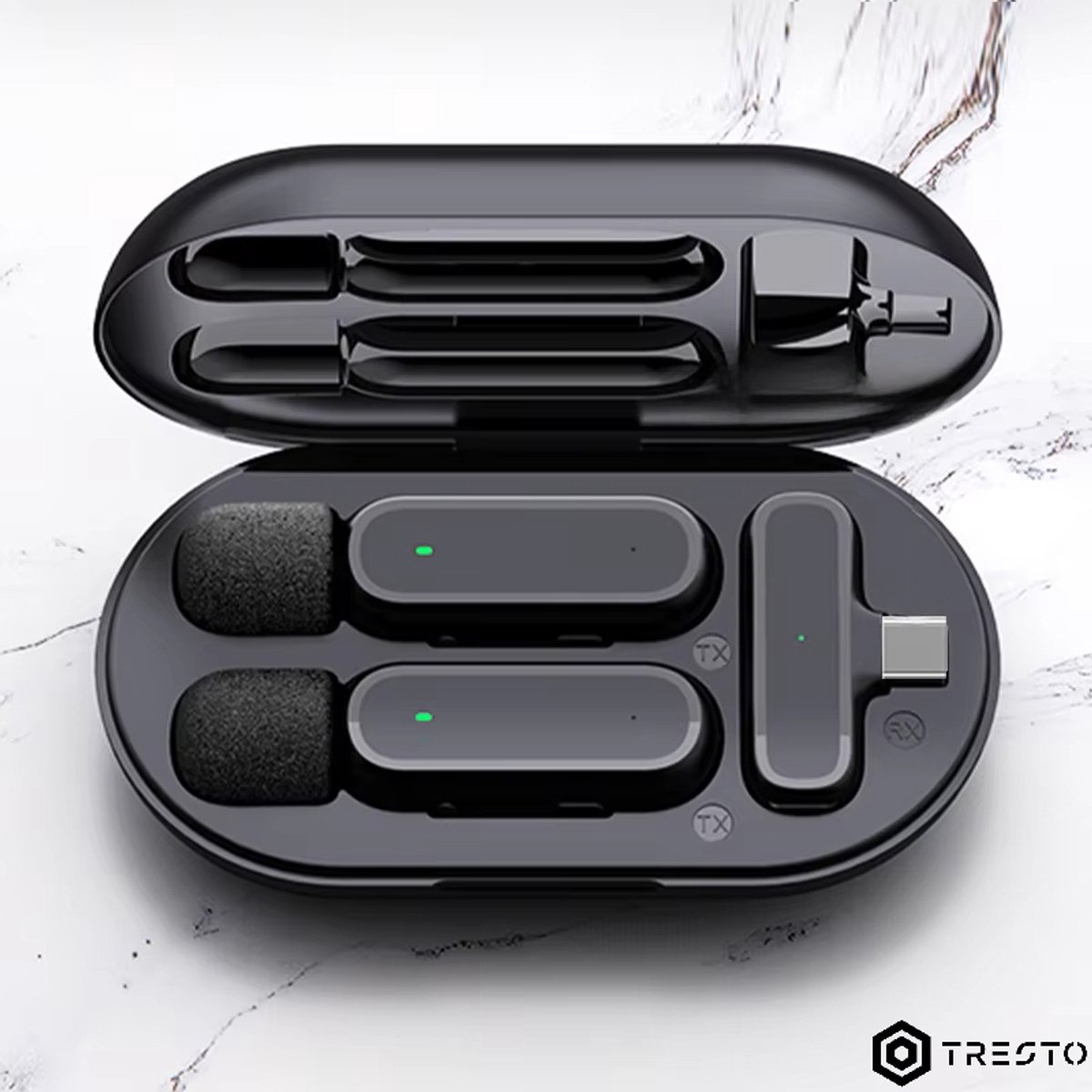 TRESTO - Draadloze mini Microfoon Set van 2 – USB-C – Plug & Play – Smartphone – Tablet – Vloggen – Podcast – Opnames – Livestream - Compact – Helder Geluid – USB-C – Dual Recording