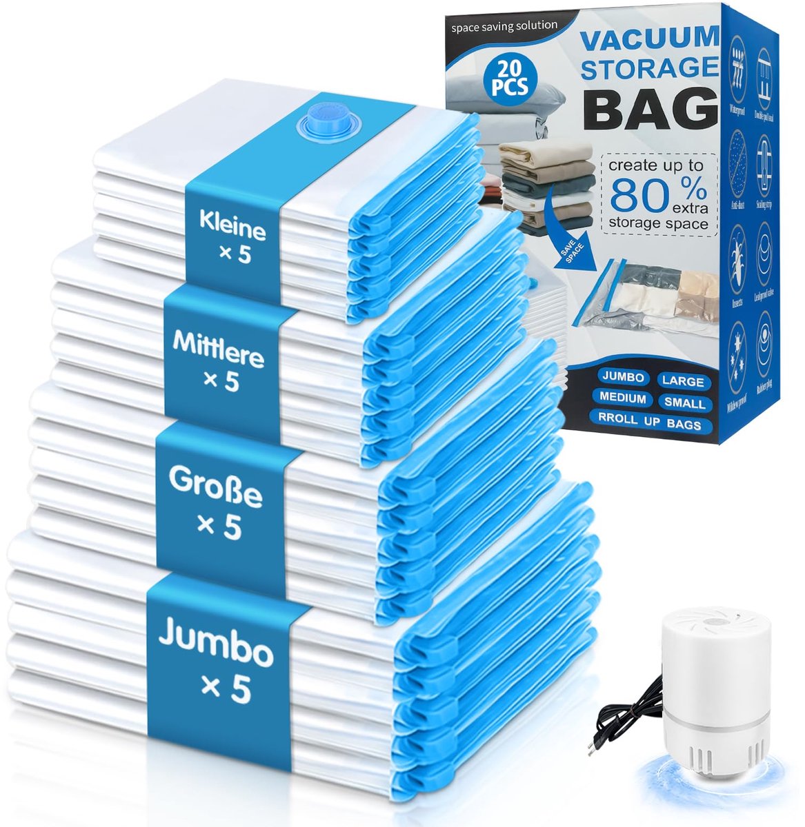 Vacuümzakken - Herbruikbaar - Met elektrische luchtpomp - 20 stuks (5x Jumbo, 5x Groot, 5x Middel, 5x Klein) - Voor kleding, dekbedden, reizen en kussens