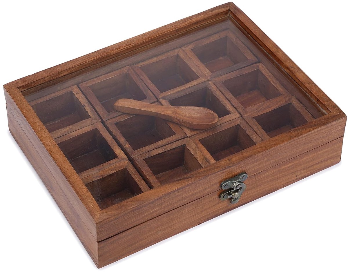 Masala Dabba Kruidendoos - 12 Compartimenten - Houten Constructie - 25,5 x 19,5 x 6,3 cm