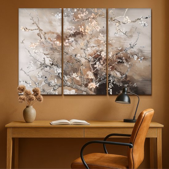 Ensemble de peintures sur toile 120x80 cm - Triptyque de Décoration murale - Fleur d'amandier - Abstrait - Beige - Décoration murale salon - Décoration chambre - Accessoires chambre - Peintures sur toile