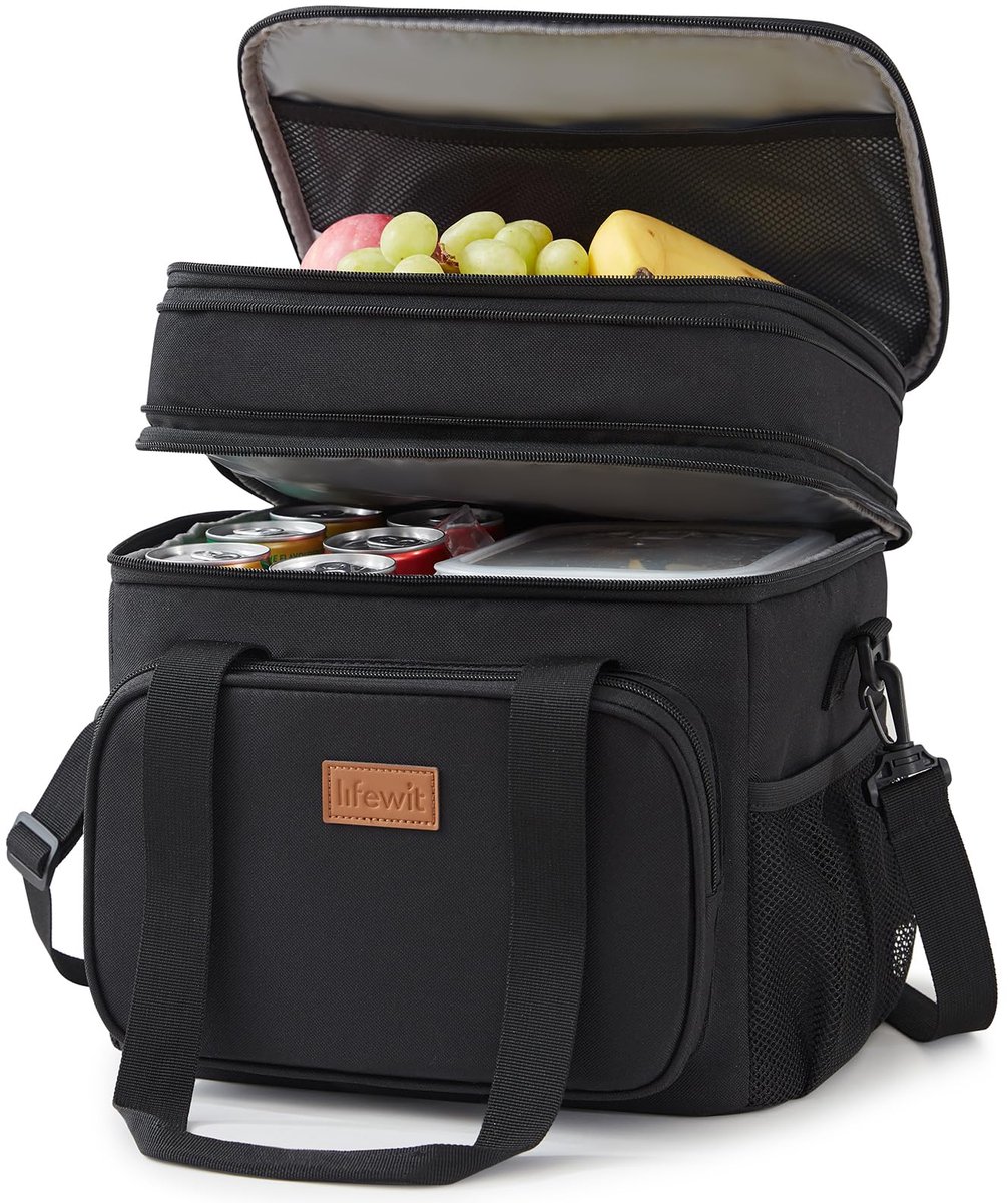 Geïsoleerde Dubbeldeks Lunchtas - Lekvrij - Met Schouderriem - Voor Werk, Reizen en Vliegen - Zwart - 21L / 30 Blikjes