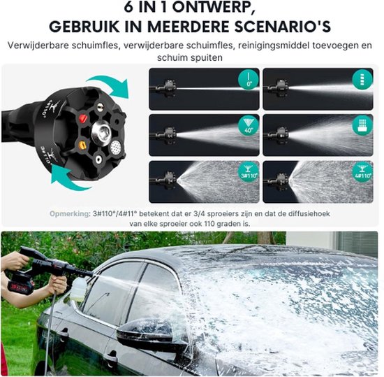 WNHB® Draadloze hogedrukreiniger 55 bar - Krachtige accu hogedrukspuit met 15000 mAh batterij - 6 in 1 sproeikop en 5 m slang voor auto tuin terras en zwembad van Merkloos	 — afbeelding 5
