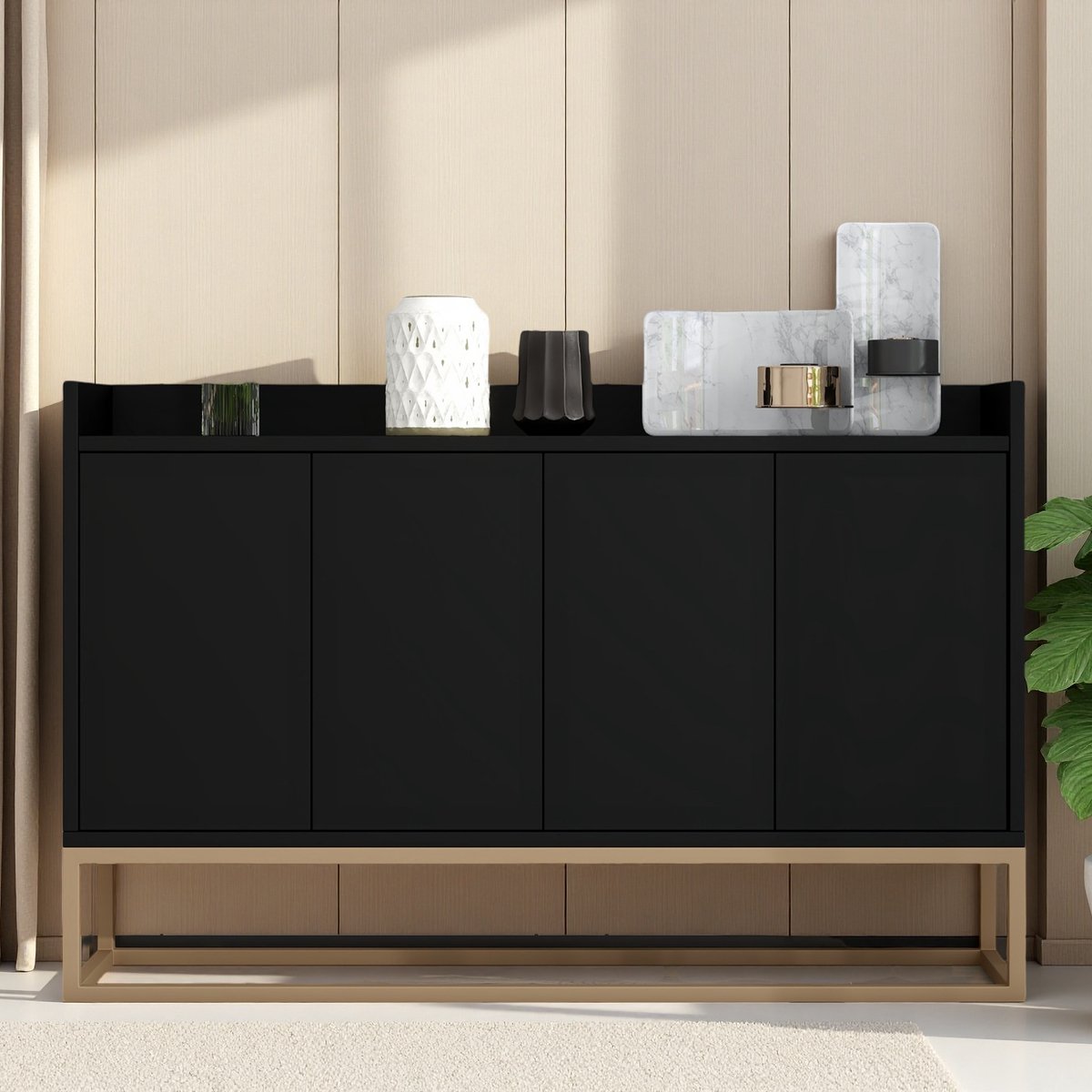 Modern Zwart Sideboard 4-Deurs – Greeploos – Minimalistisch Design voor Woonkamer & Keuken