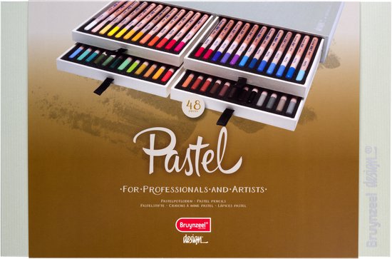 Een doos met 48 Bruynzeel Design pastelkleurpotloden, met deksel open, in twee lagen, met label '48 colours'.