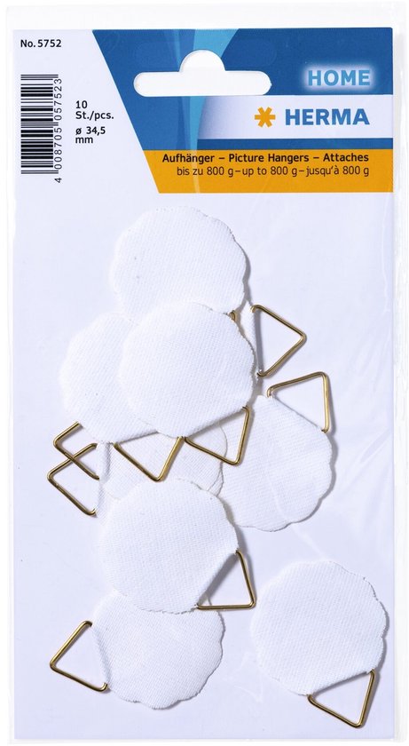Pak met 10 witte, schelpvormige picture hangers (ø 34,5 mm) van Herma.