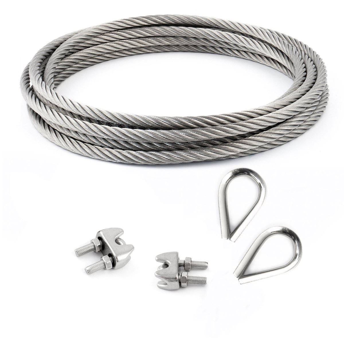 DQ-PP STAALKABEL SET - 2 mm - 25 m - 2 x Kabelklemmen Beugel 2 mm - 2 x Kousen 2 mm - Roestvrij Staal INOX - 7x7 Middelzacht - Staalkabel voor Klimhulp Roestvrij Staalkabel Staaldraad Bosbouwkabel Lierkabel Span Kabel Leuningkabel