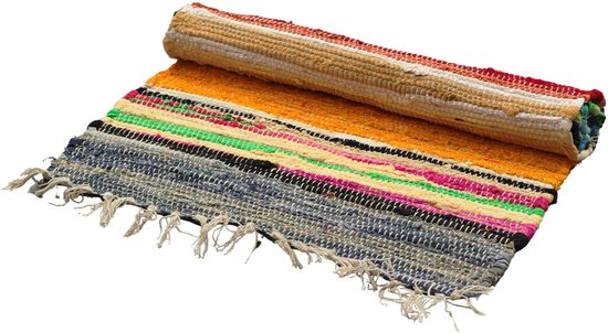 Tapis Indien Recyclé – 50x90cm – Qualité Premium – Couleurs Arc-en-ciel Fabriqué à partir de chutes de textiles recyclées. Authentique, durable et élégant.