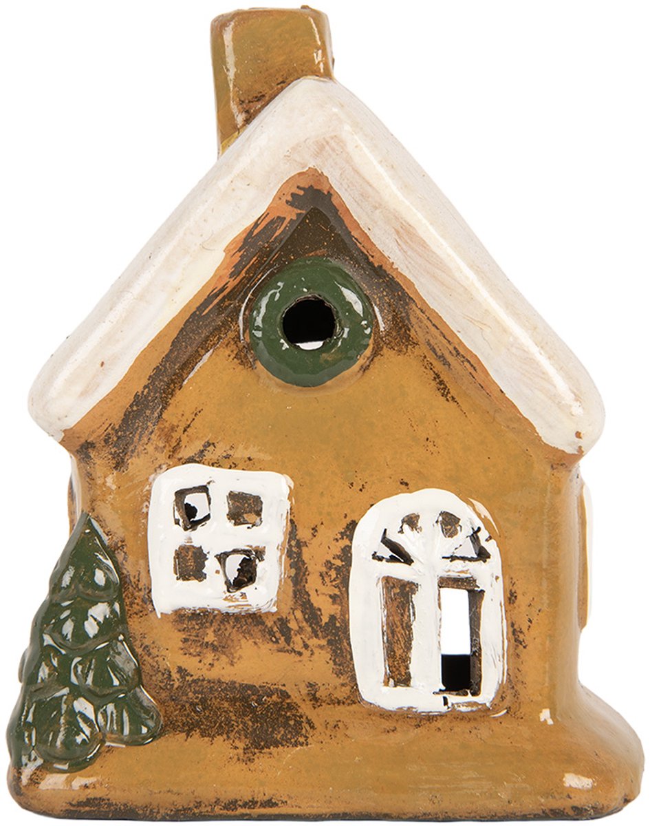 Clayre & Eef Waxinelichthouder Huis 9x7x11 cm Bruin Keramiek