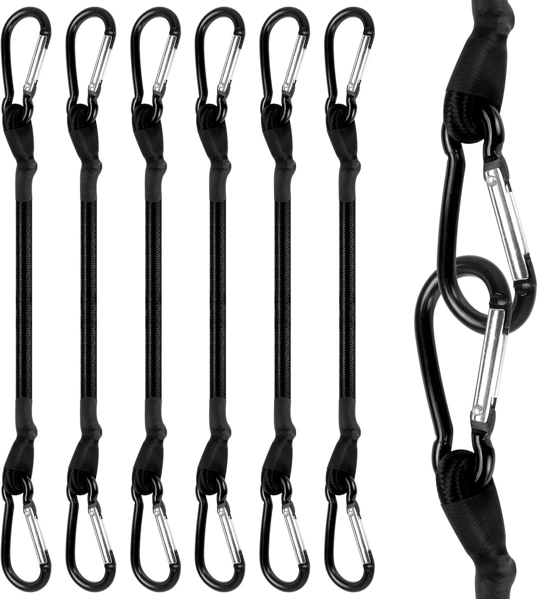 Elastische Spanband - Met karabinerhaken en haken - Voor aanhangerzeil, dakdrager, camping, zonnezeil - Zwart, 30 cm, 6 stuks