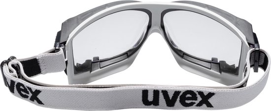 Uvex carbonvision veiligheidsbril met heldere lenzen, wit bovenframe en witte band met Uvex logo.