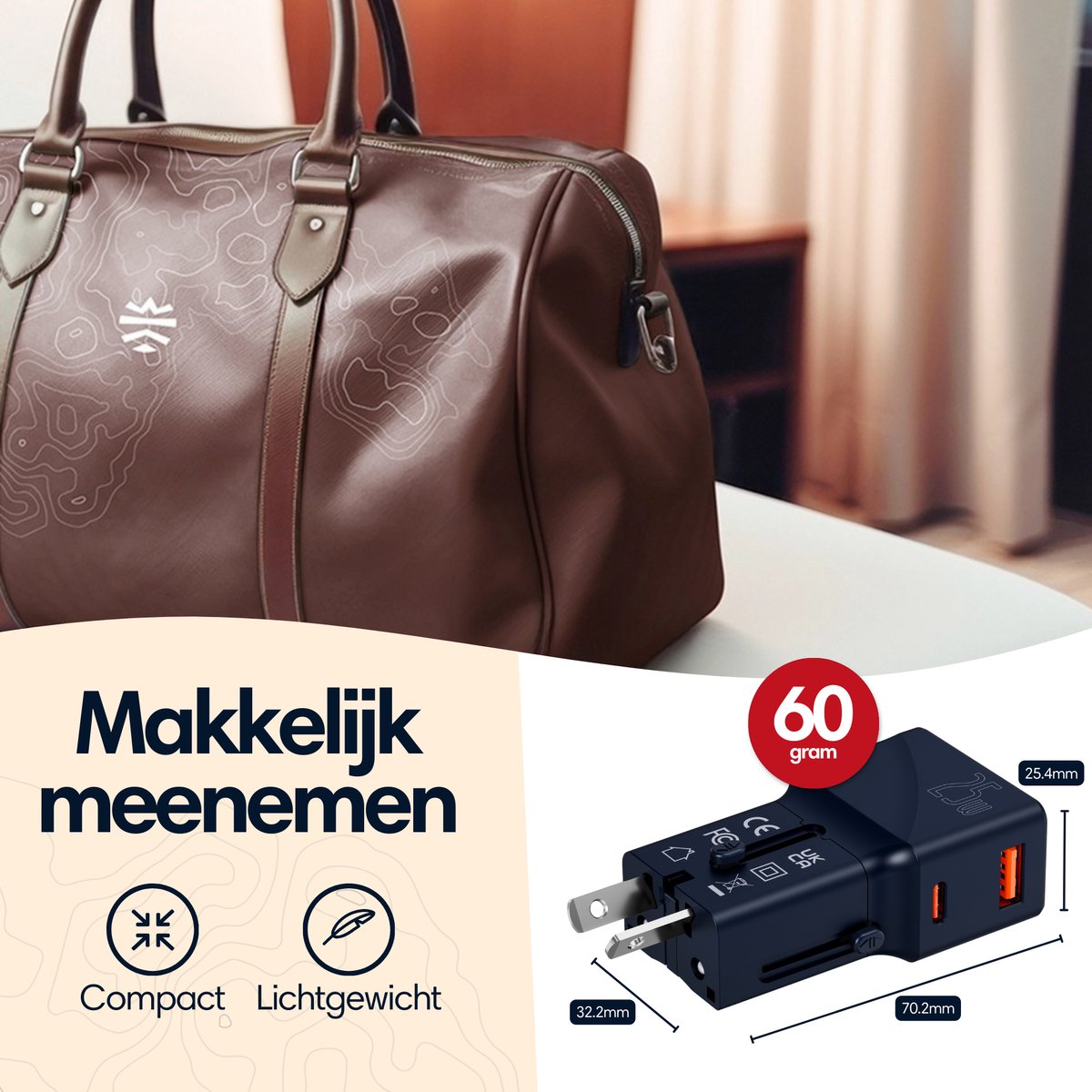 needventure® Mini Reisstekker 213 landen - Universele Wereldstekker - 2 USB-C & 3 USB-A - Reisadapter Wereld Amerika (USA), Engeland (UK), Australië, Zuid Amerika, Afrika, Thailand - USB C Fast Charge Functie — cadeau in Gadgets - foto 5