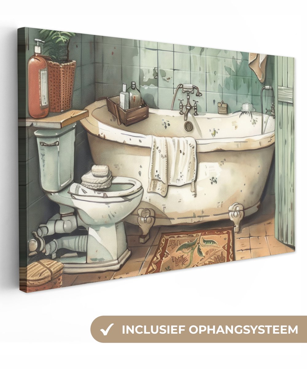 Canvas schilderij 30x20 cm - Wanddecoratie badkamer Vintage - Badkuip - Badkamer - Illustr