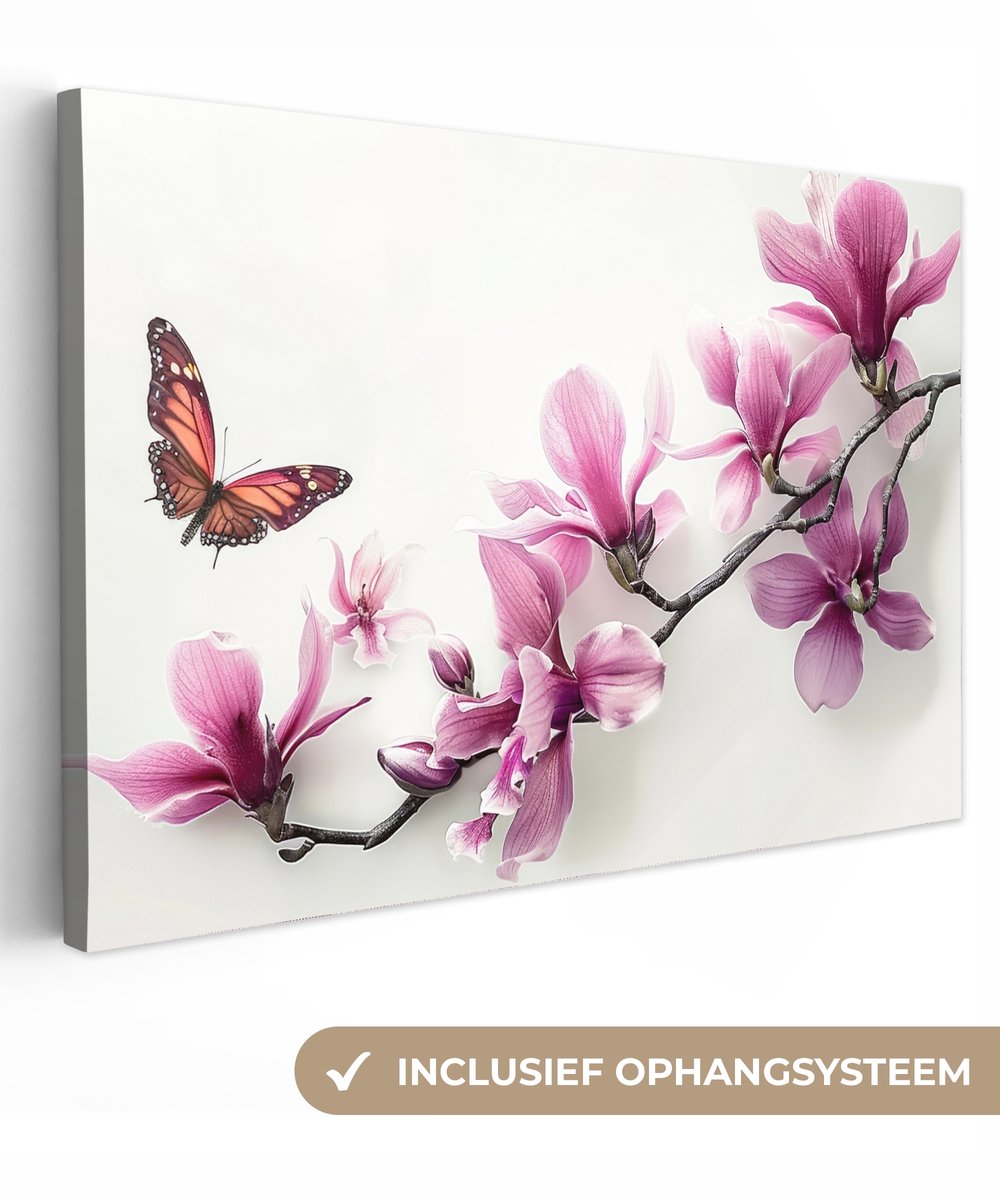 Canvas schilderij 120x80 cm - Wanddecoratie badkamer Bloesem - Vlinder - Roze - Natuur - W