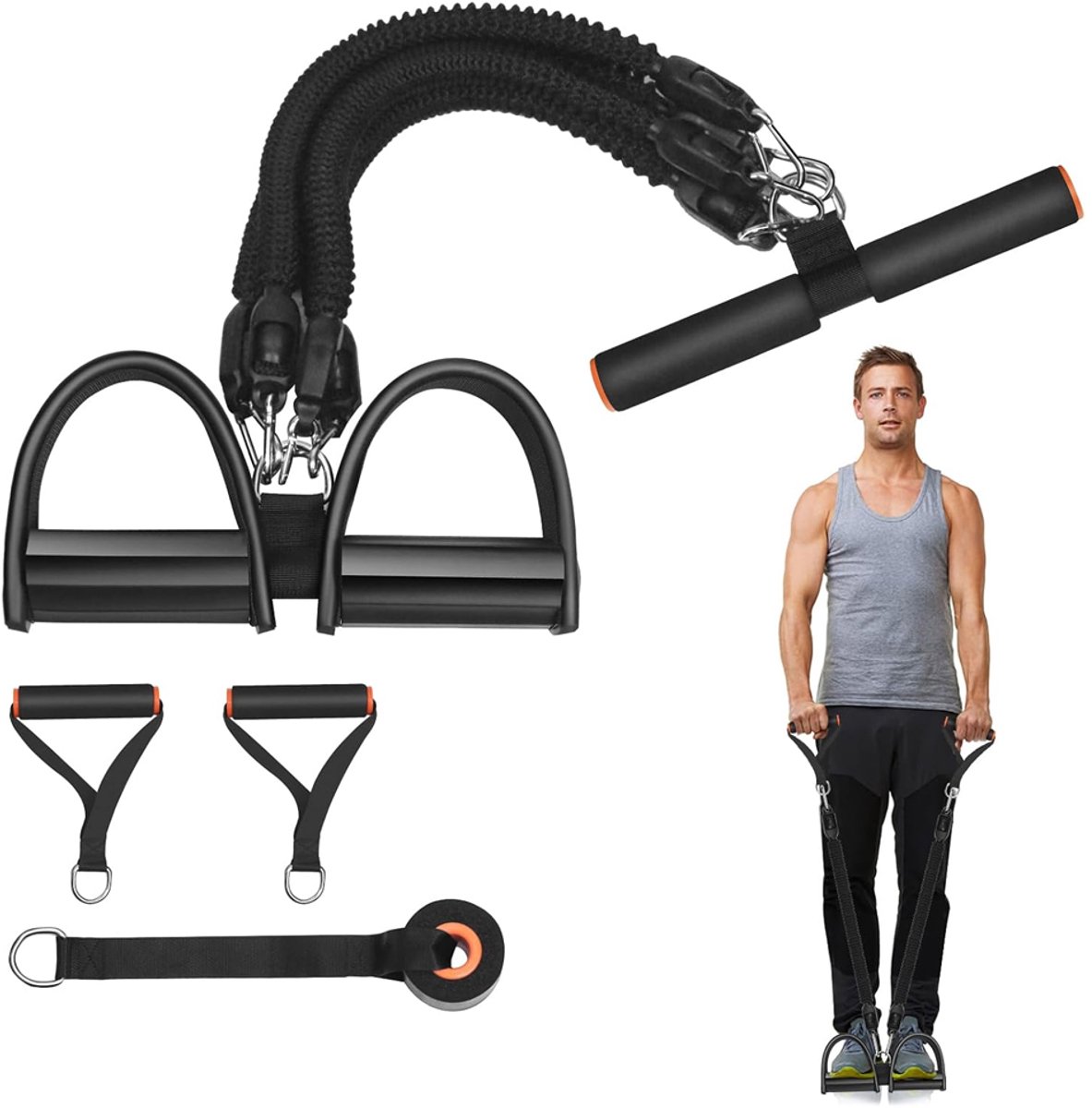 Multifunctionele pedaaltrekker - Verstelbare weerstandsband voor buikspieroefeningen, sit-ups, thuisfitness en full body training, Pedaalweerstandsband, trainingsapparatuur voor fysiotherapie, krachttraining (4 slangen 100 pond) - Cyslmuk®