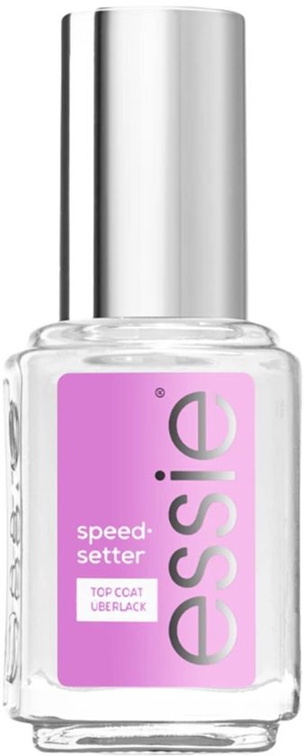 Essie Speed Setter Top Coat nagellak met helderwitte fles en paars/roze label met zilveren tekst.
