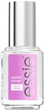 Essie Speed Setter Top Coat nagellak met helderwitte fles en paars/roze label met zilveren tekst.
