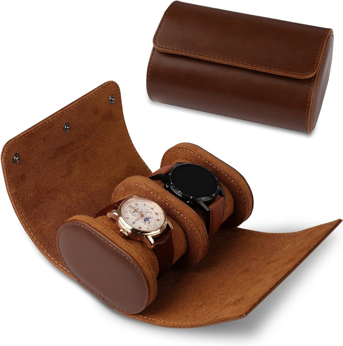 Allecto plus - Cilindrische horlogedoos, 2 sleuven, reistas, vintage horlogebehuizing - bruin