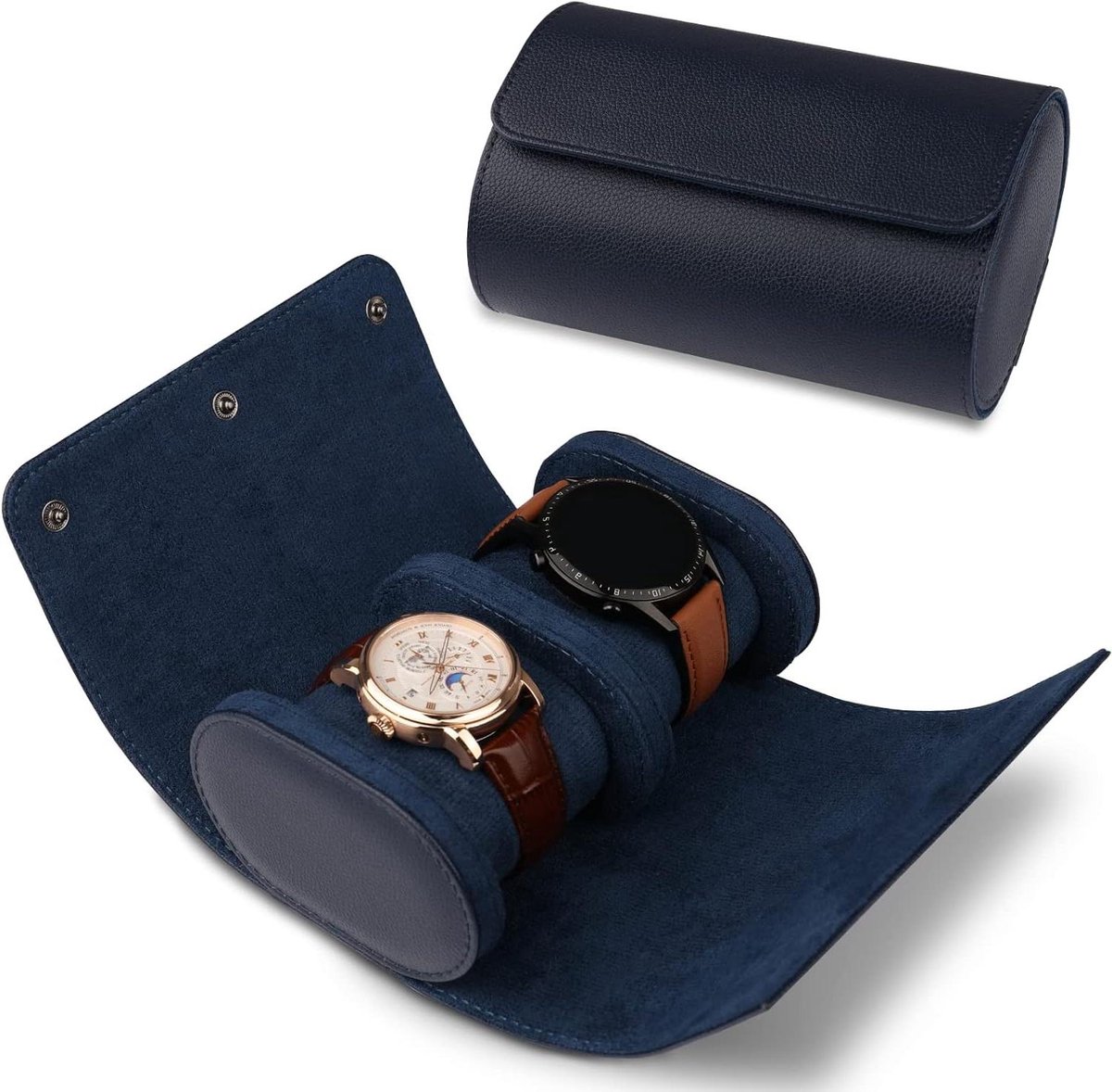 Allecto plus - Cilindrische horlogedoos voor mannen en vrouwen, vintage horlogekast, reistas - blauw, upgrade-versie met zoekwoorden: stijlvol, opbergdoos.