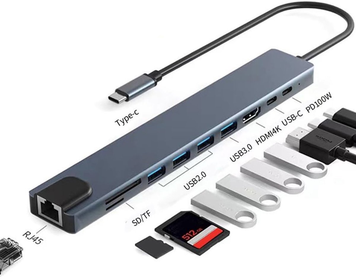Neue Dawn - USB C Hub met 4K HDMI 10 poorten /- USB C 100W Snellader/4*USB A/SD/TF/RJ45 Ethernet poort USB Splitter - Docking Station Laptop Universeel Geschikt voor Macbook Pro / Air / Windows