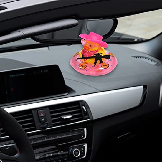Eend voor Auto's, Rubber Eend voor Autodashboard Piepend Eendenbadspeelgoed Plezier Cowboyeend Auto Accessoires Autodashboarddecoraties met Zwemring Muts Sjaal Bril (Stijl 1) — afbeelding 4