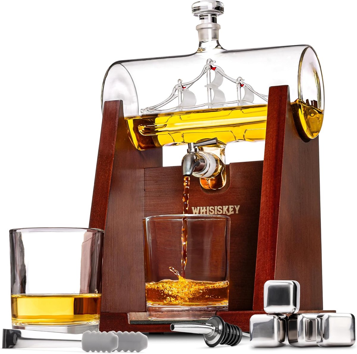Luxe Whiskey Karaf Set met Zeilschip - Compleet met 4 Whiskey Stones en 2 Glazen